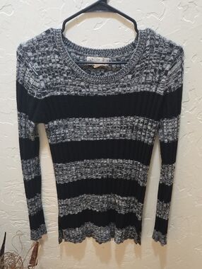 Pink Republic Black and Gray Striped Ribbed Crewneck Sweater